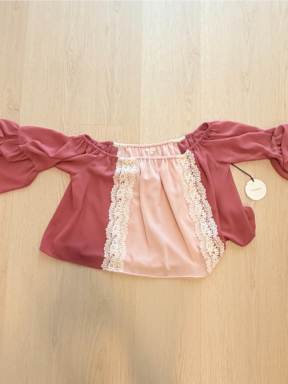 Tularosa Rosewood and Blush Off-Shoulder Lace-Trim Top sundra Alexa top
